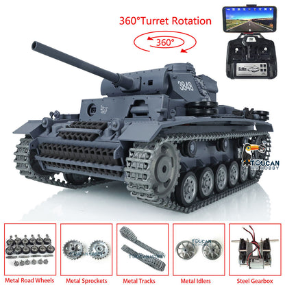 Henglong 1/16 RTR RC Tank 3848 7.0 Customized Panzer III L w/ 360Degrees Rotating Turret FPV Metal Tracks Road Wheels Smoking Gearbox