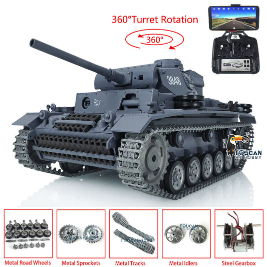 Henglong 1/16 RTR RC Tank 3848 7.0 Customized Panzer III L w/ 360Degrees Rotating Turret FPV Metal Tracks Road Wheels Smoking Gearbox