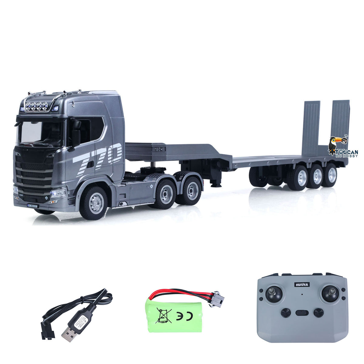 TOUCAN RC HOBBY US Stock HUINA 770S 1/24 RC Tractor Truck Radio Controlled Vehicle 3Axle Plastic Semi Flatbed Trailer W/ Support Legs
