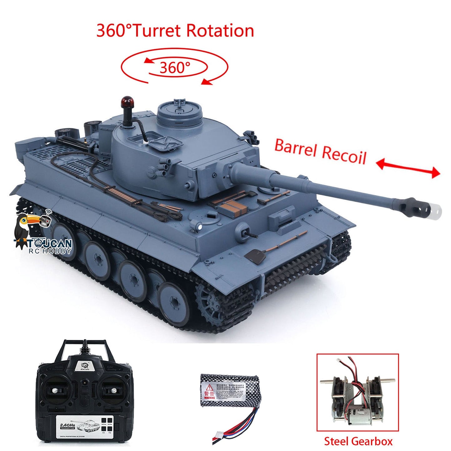 TOUCAN RC HOBBY Henglong 1/16 TK7.0 Plastic German Tiger I RTR RC Tank 3818 with Steel Gearbox Metal Barrel Recoil 360 Degrees Turret BB Unit Infrared Combat