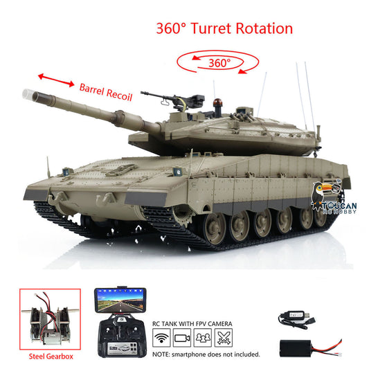 Henglong 3958 1/16 RC Tanks IDF Merkava MK IV Standard FPV Camera Driving Gearbox 360 Rotating Barrel Recoil Models