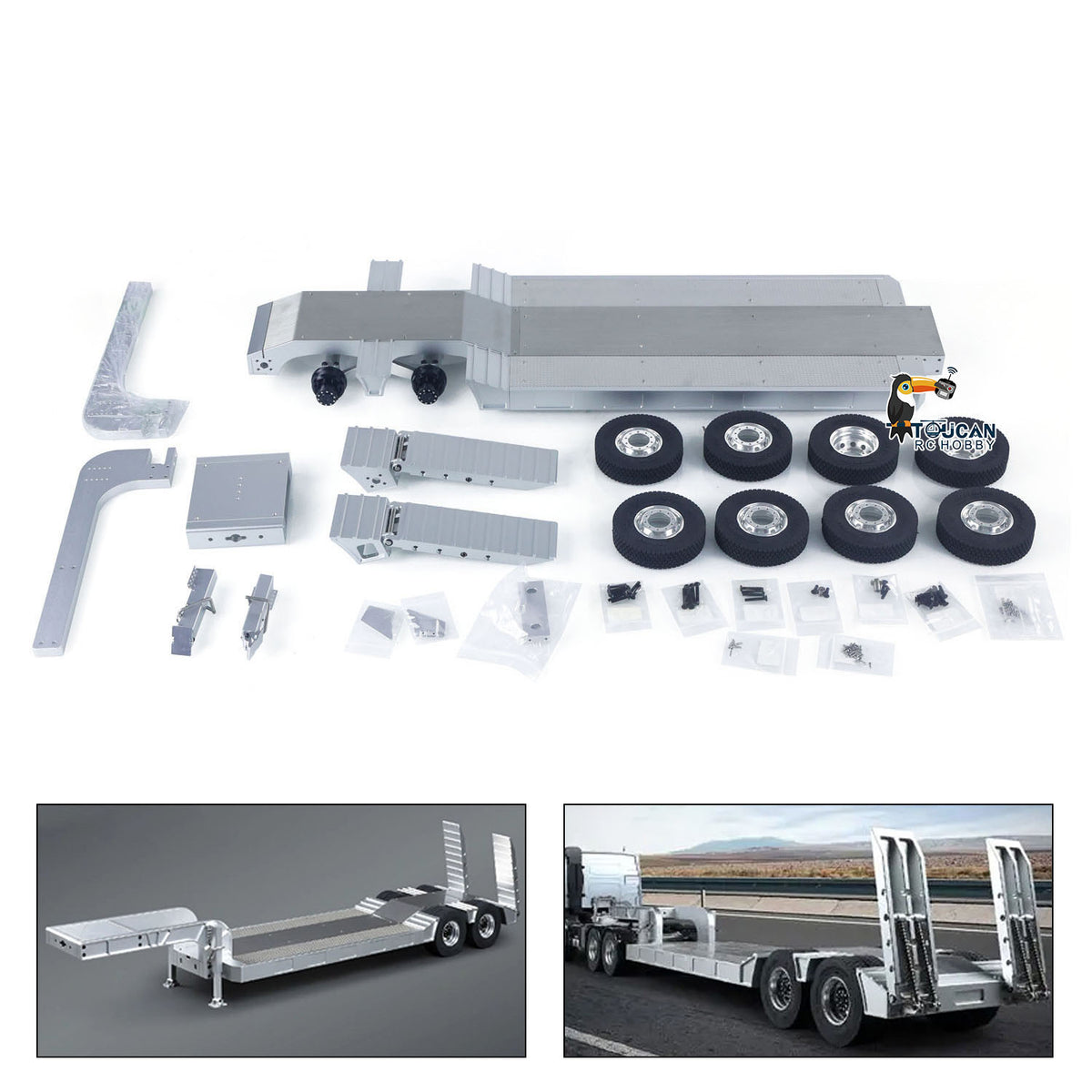 TOUCAN RC HOBBY 1/14 Double E Metal 2 Axels Low Trailer Flatbed E012 001 for Remote Control Tractor Truck E113 RC Lorry Car Model Upgrade Parts