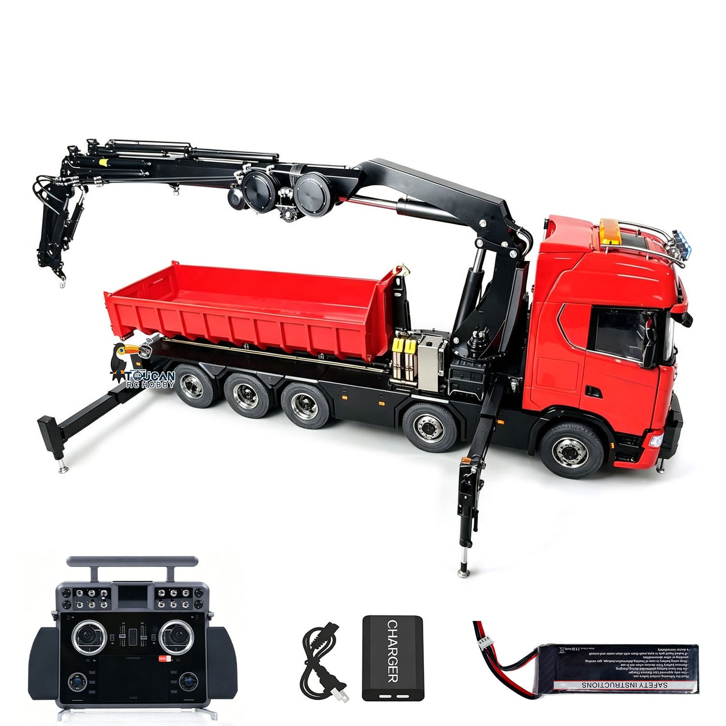 TOUCAN RC HOBBY 770S 1/14 Metal 10x10 RC Roll On Off Crane Dump Truck RTR 10CH Valve 3-Speed Gearbox Fly Jib Arm Winch Differential Locks Light Sound Rear Axle Lift Steering