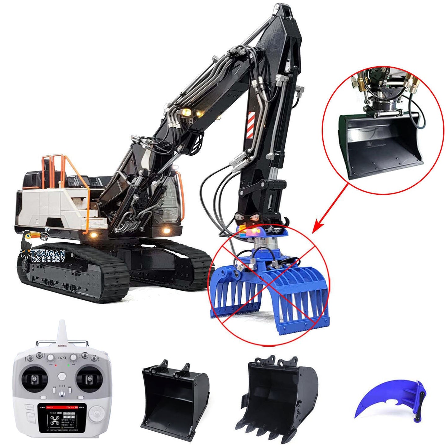 TOUCAN RC HOBBY MTModel EC380 Metal 1/14 RC Hydraulic Excavator 3-Arms Digger Tiltable Bucket 6-ways Reserving Valve Lights for Enthusiasts