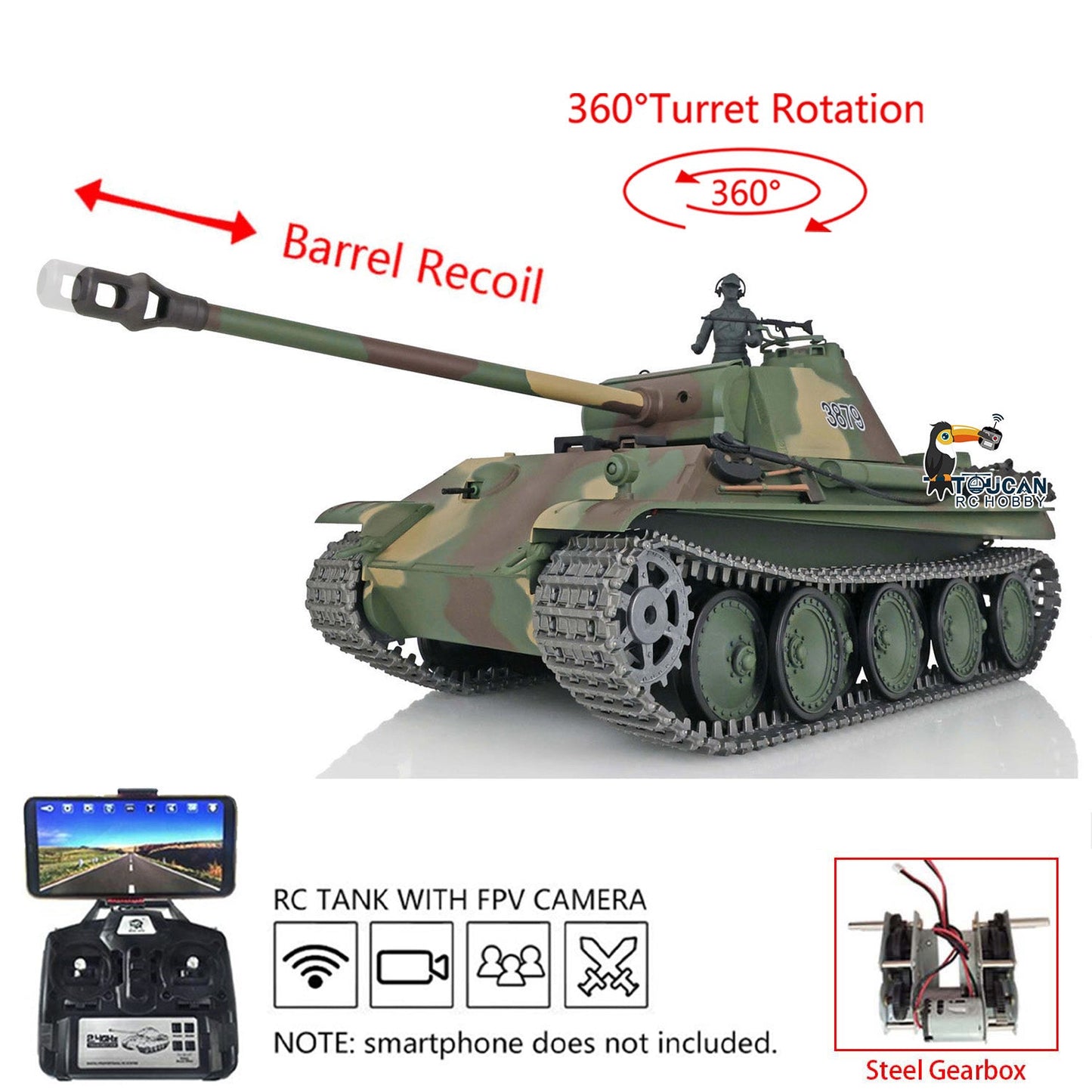 TOUCAN RC HOBBY Henglong 1/16 TK7.0 Promotion German Panther G RTR RC Tank 3879 360 Degrees Turret BB IR Barrel Recoil Smoke FPV Metal Tracks Sprockets Wheels