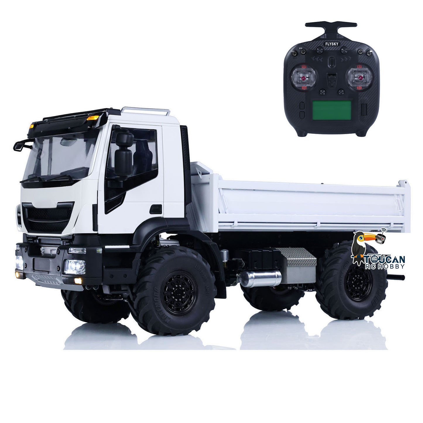 MODO 1/14 Metal 4x4 RC Hydraulic Dump Truck PNP Tipper Vehicle FlySky ST8 Controller Light Sound System Optional Spotlight Snow Blade for Construction Model Collectors