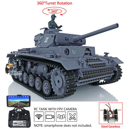 Henglong 1/16 RC Tank 7.0 Plastic Panzer III L 3848 Remote Control Tank w/ 360Degrees Rotating Turret FPV Steel Gearbox Smoking