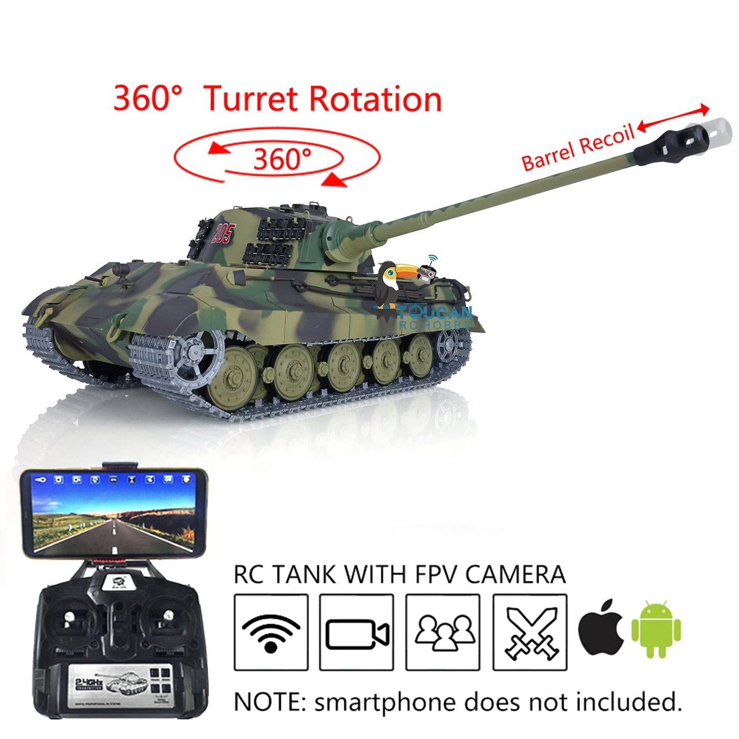 TOUCAN RC HOBBY Henglong 1/16 TK7.0 Promotion King Tiger 3888A RTR RC Tank Barrel Recoil 360 Degrees Turret BB IR Smoke Metal Tracks Sprockets Idlers Wheels Gearbox