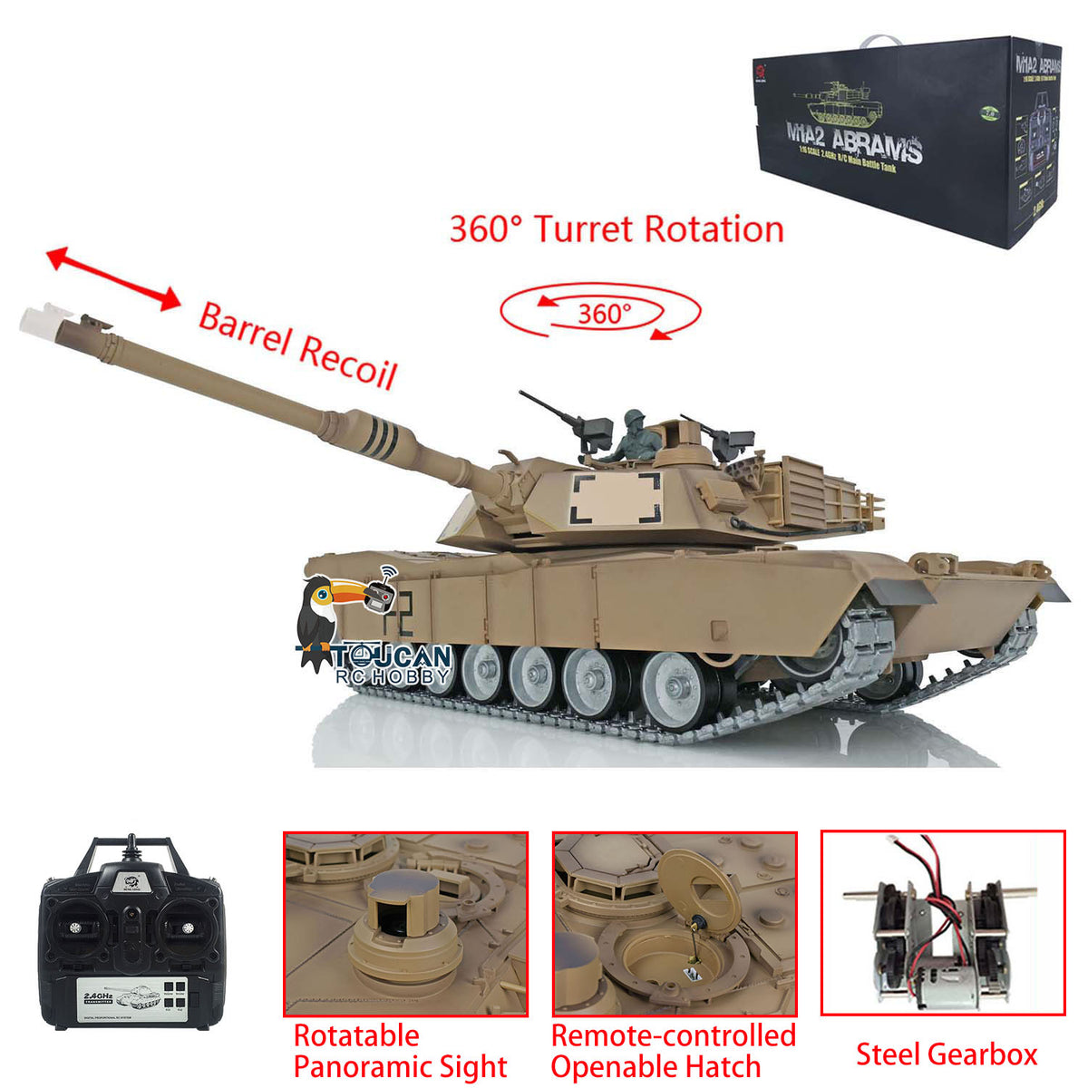 TOUCAN RC HOBBY Heng Long Abrams RC-Panzer 1/16 7.1 3918 ferngesteuertes Kettenfahrzeug mit zu öffnender Luke