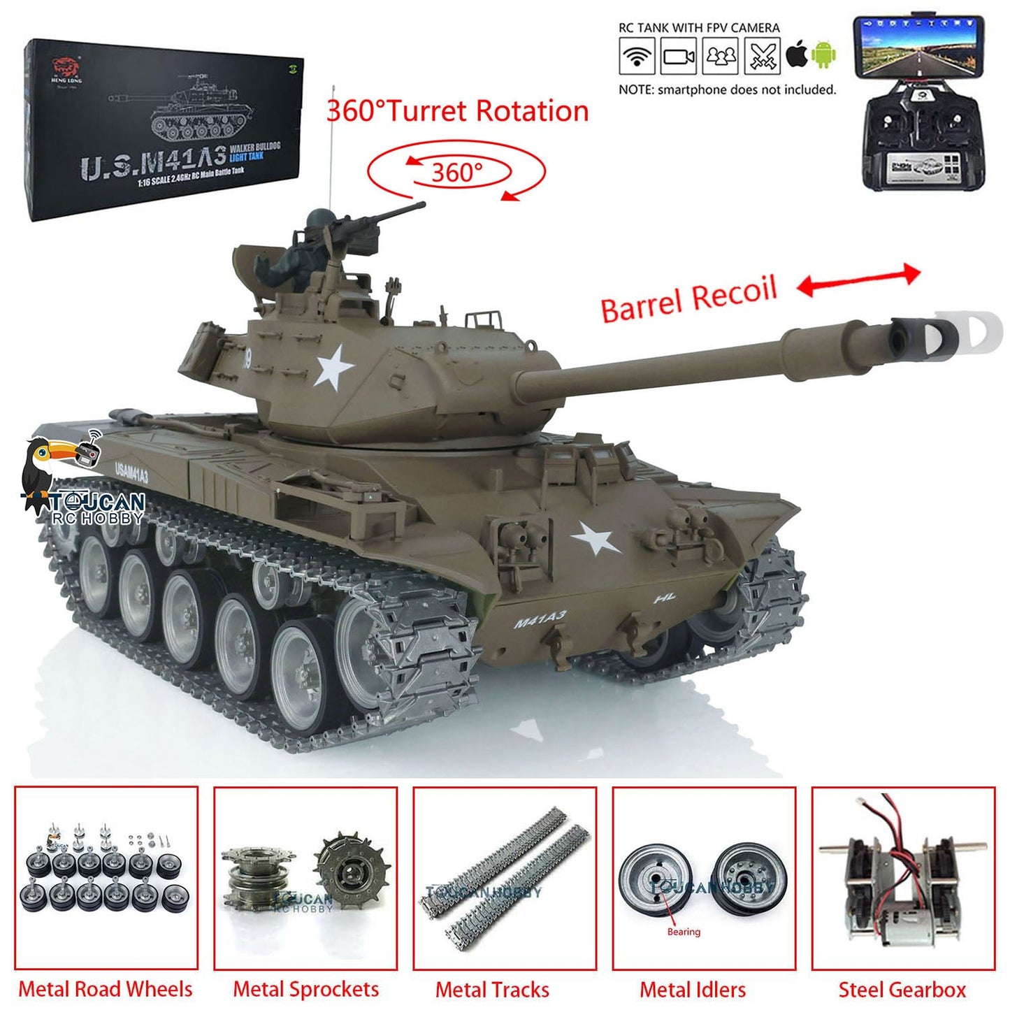TOUCAN RC HOBBY Henglong 1/16 TK7.0 3839 USA Walker Bulldog RTR RC Tank FPV 360 Degrees Turret IR BB Smoke Metal Sprockets Idlers Road Wheels Gearbox Tracks