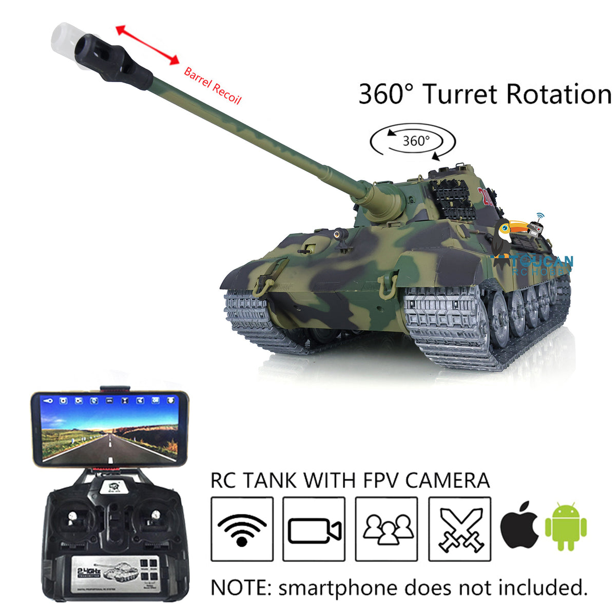 TOUCAN RC HOBBY Heng Long 1/16 7.0 Individueller 3888A King Tiger RTR RC-Panzer Kanonenrückstoß FPV 360-Grad-Turm IR BB Rauch Metall Lauf- Leit- und Treibräder Ketten Getriebe