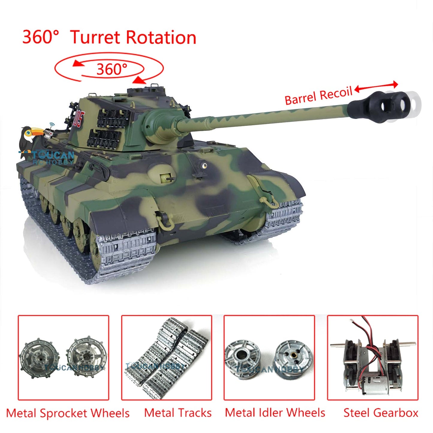 TOUCAN RC HOBBY Henglong 1/16 TK7.0 Promotion King Tiger 3888A RTR RC Tank Barrel Recoil 360 Degrees Turret BB IR Smoke Metal Tracks Sprockets Idlers Wheels Gearbox