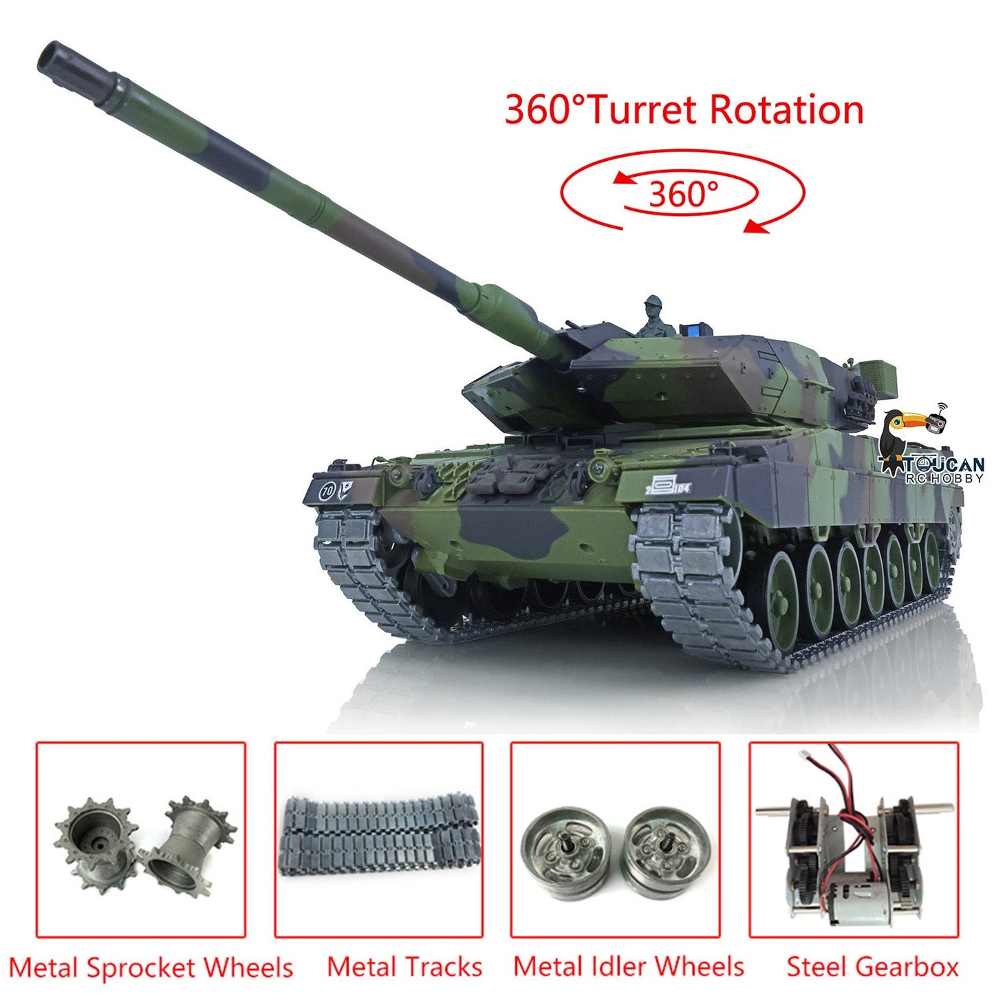 TOUCAN RC HOBBY Henglong 1/16 TK7.0 Leopard2A6 RTR RC Tank 3889 with 360 Degrees Turret BB Infrared Combat Smoke Metal Tracks Sprockets Idlers Wheels