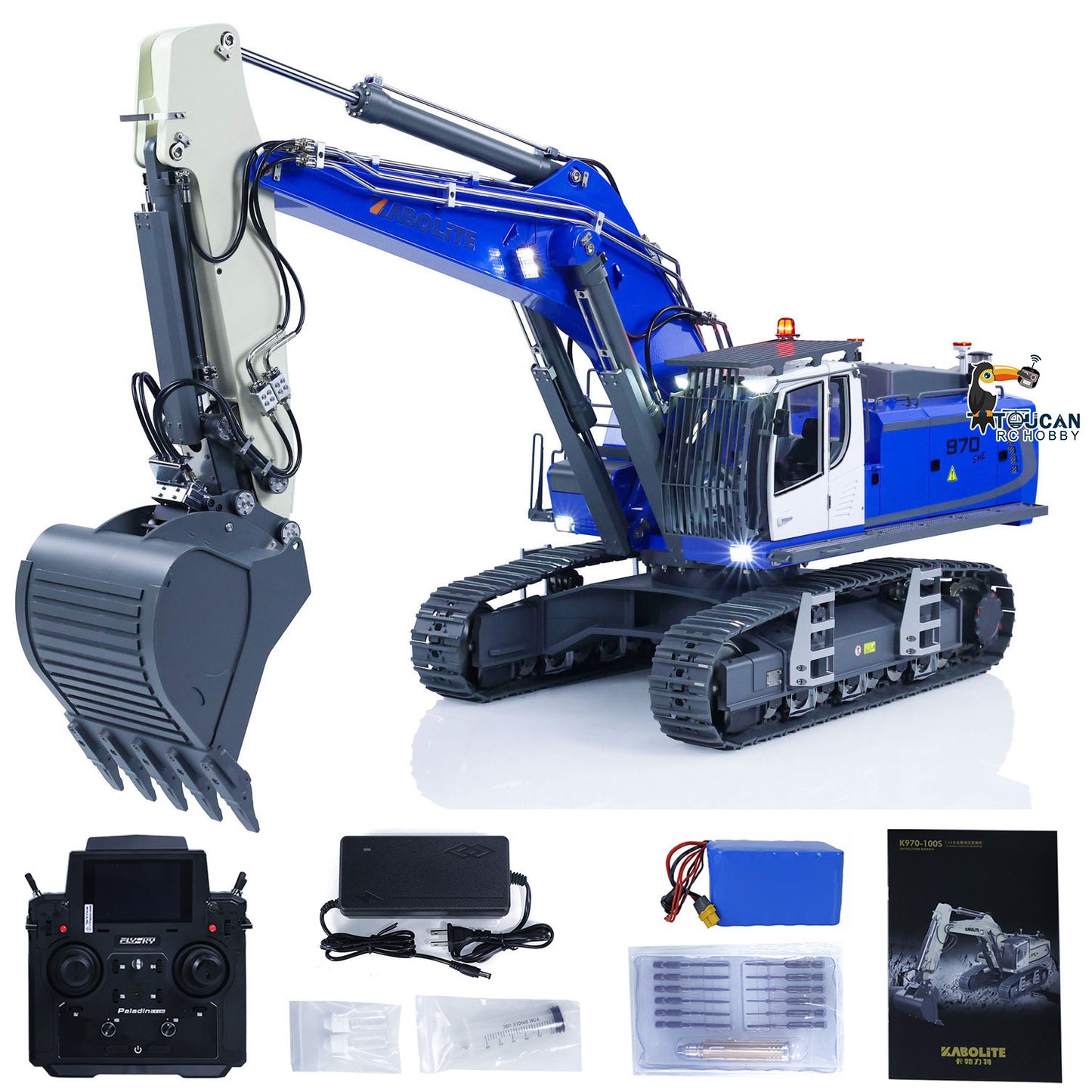 Kabolite K970 100S Pro 1/14 RC Excavator Metal Hydraulic Digger Model Remote Control Construction Vehicle Light Sound Paladin PL18EV Lite Radio Smoking GPS Sticker Battery