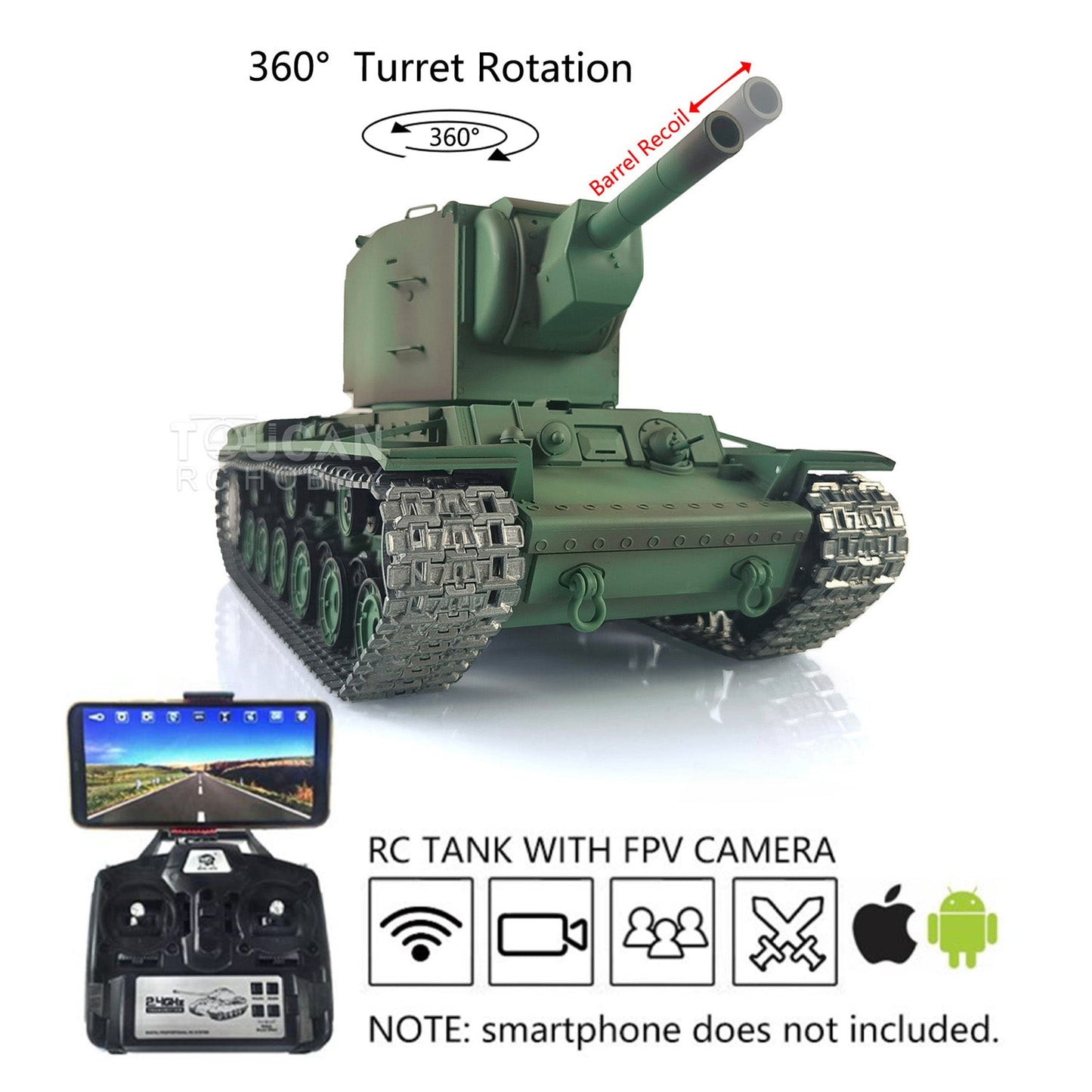 TOUCAN RC HOBBY Henglong 1/16 TK7.0 Promotion Soviet KV-2 RTR RC Tank 3949 FPV Barrel Recoil 360 Degrees Turret Smoke IR BB Metal Tracks Sprockets Idlers Wheels Gearbox
