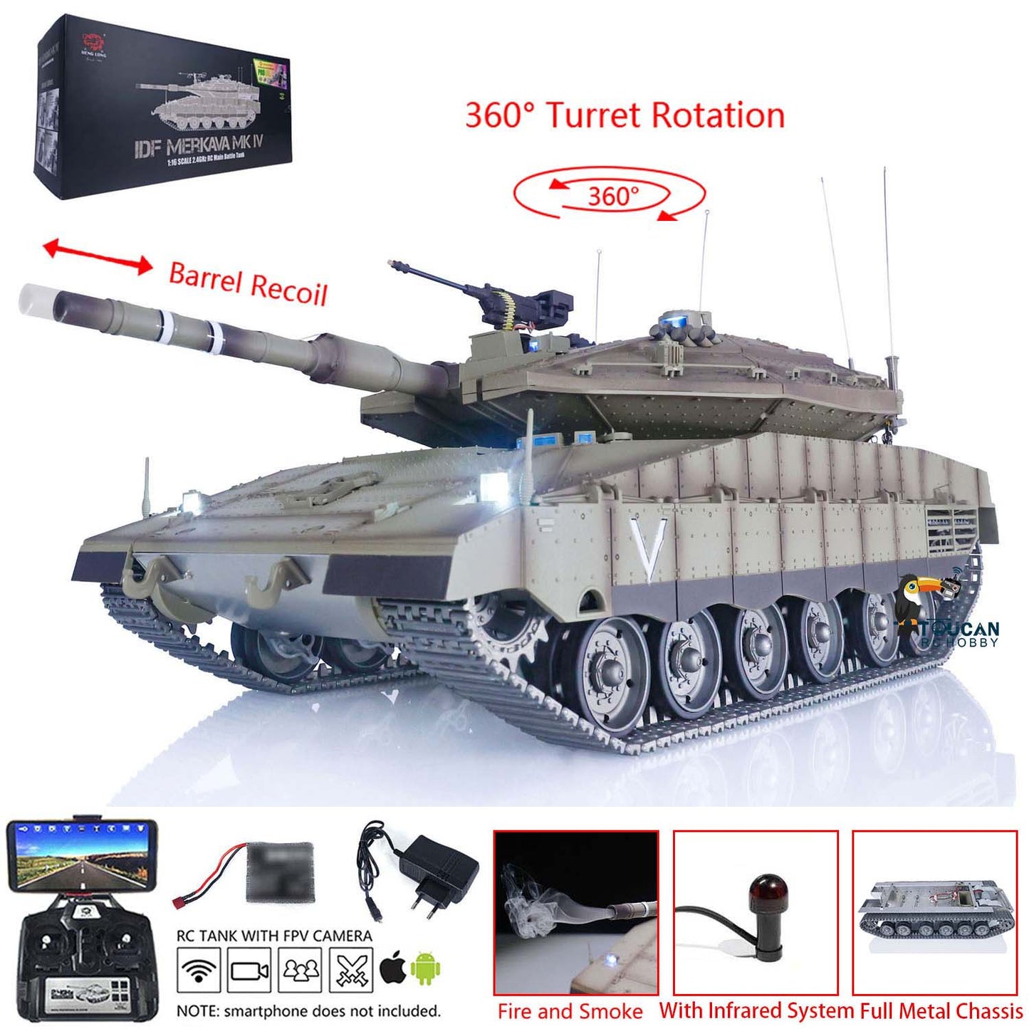 IDF Merkava MK IV Full Metal Chassis 3958 for Heng Long 1/16 RC Battle Tank Smoke Unit BB Shooting lnfrared Fighting Lights