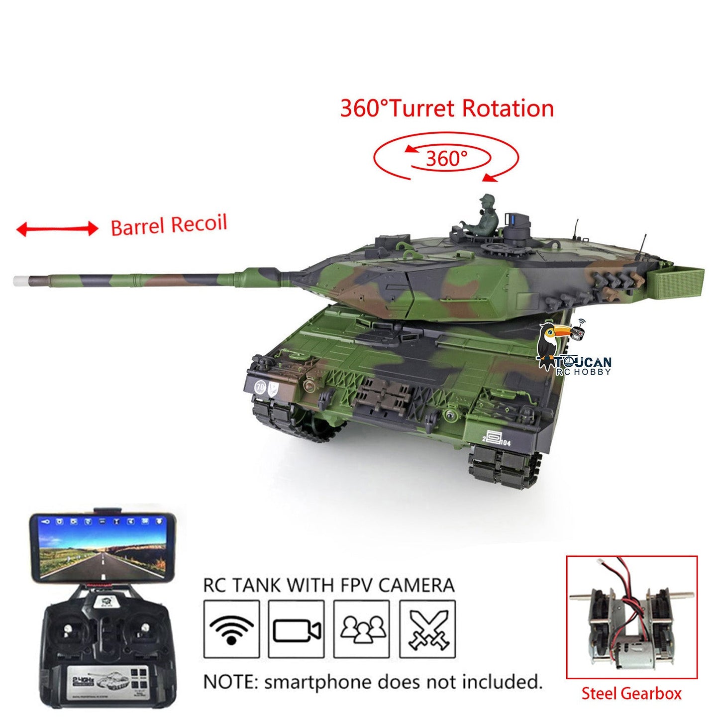 TOUCAN RC HOBBY Henglong 1/16 TK7.0 Plastic RTR RC Tank 3889 German Leopard2A6 with BB Infrared Combat Barrel Recoil 360 Degrees Turret Smoke Steel Gearbox
