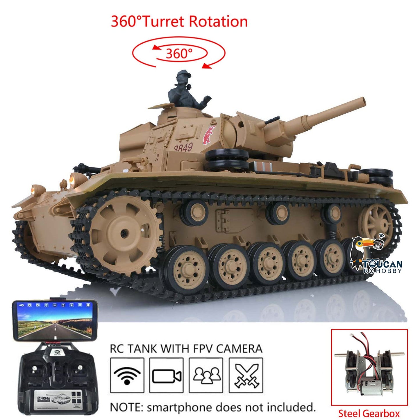 TOUCAN RC HOBBY Henglong 1/16 Plastic 7.0 3848 3849 Panzer III H L RC Tank FPV 360 Degree Turret Infrared System BB Smoke Steel Driving Gearbox Metal Barrel