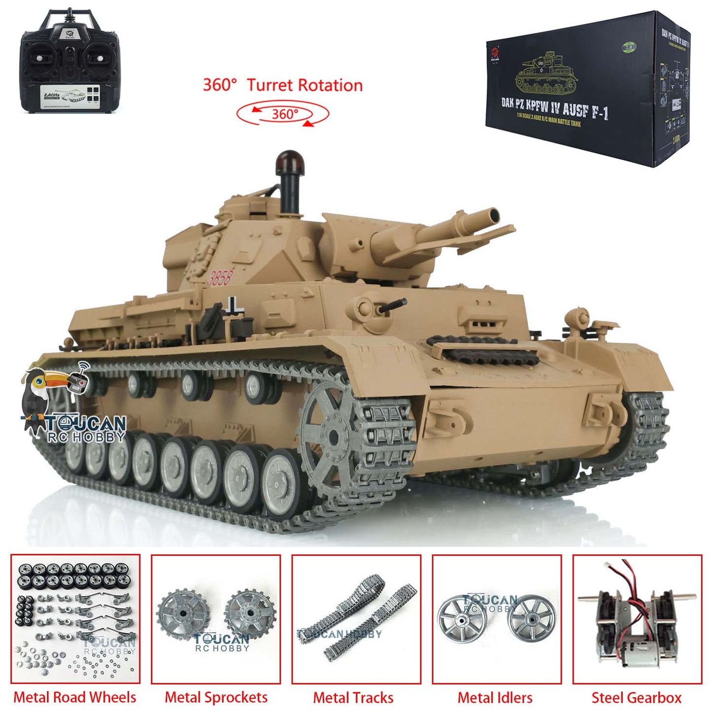 Henglong 7.0 1/16 Radio Tank 3858 German Panzer IV F RC Tank w/ 360Degrees Rotating Turret Metal Road Wheels Tracks IR System Battle