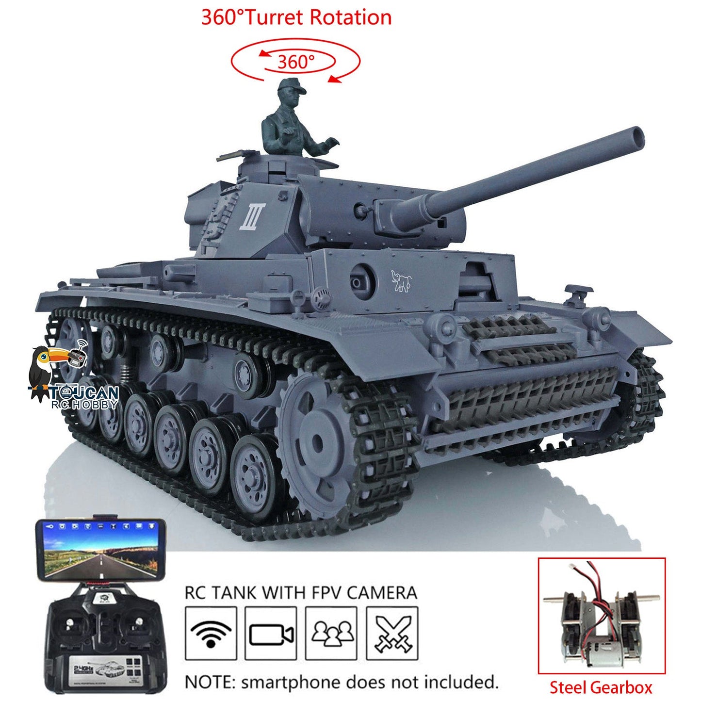 TOUCAN RC HOBBY Henglong 1/16 Plastic 7.0 3848 3849 Panzer III H L RC Tank FPV 360 Degree Turret Infrared System BB Smoke Steel Driving Gearbox Metal Barrel