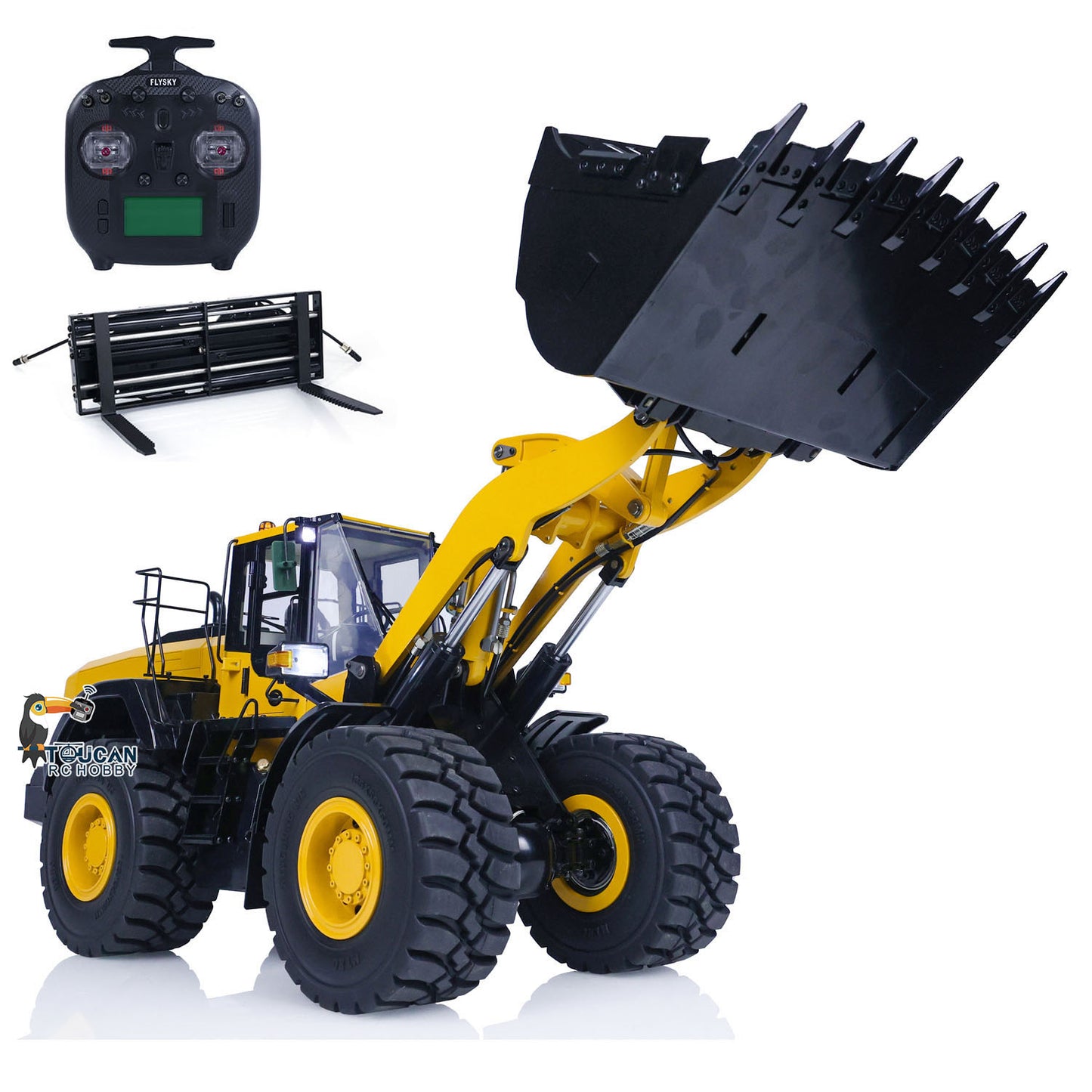 In Stock 1/14 RC Metal Hydraulic Loader WA480 Remote Control Construction Heavy Machine Quick Coupler Fork Bucket Light Sound ST8 Radio