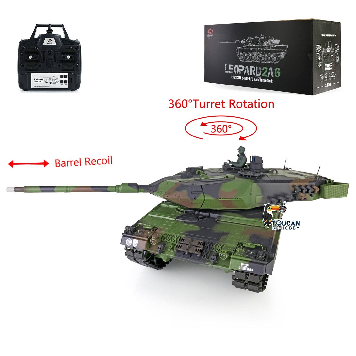 TOUCAN RC HOBBY Henglong 1/16 TK7.0 Plastic German Leopard2A6 RTR RC Tank 3889 with 360 Degrees Turret Barrel Recoil BB Infrared Combat Smoke
