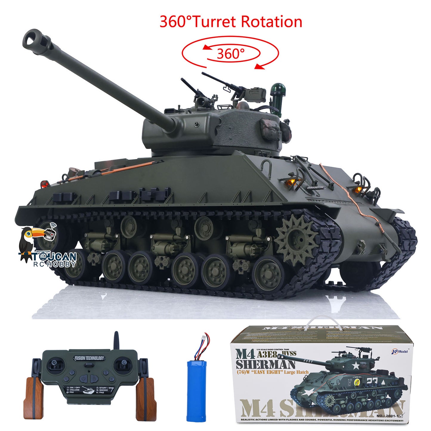 US Stock 1/16 Remote Control Tank Sherman M4A3 E8 Fury Edition IR BB Barrel Elevation Smoke Unit Metal Chassis Road Wheels 360 Rotation