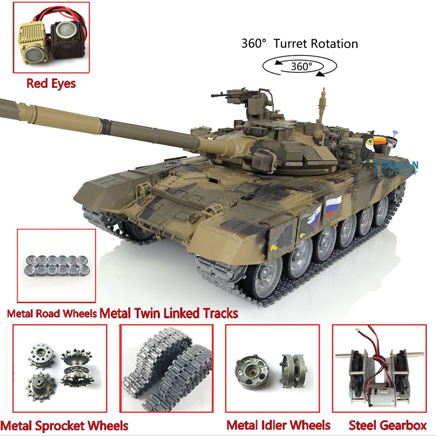 TOUCAN RC HOBBY Henglong 1/16 TK7.0 Profession Russian T90 3938 RTR RC Tank 360 Degrees Turret Red Eyes Smoke BB IR Metal Track Sprockets Idlers Road Wheels