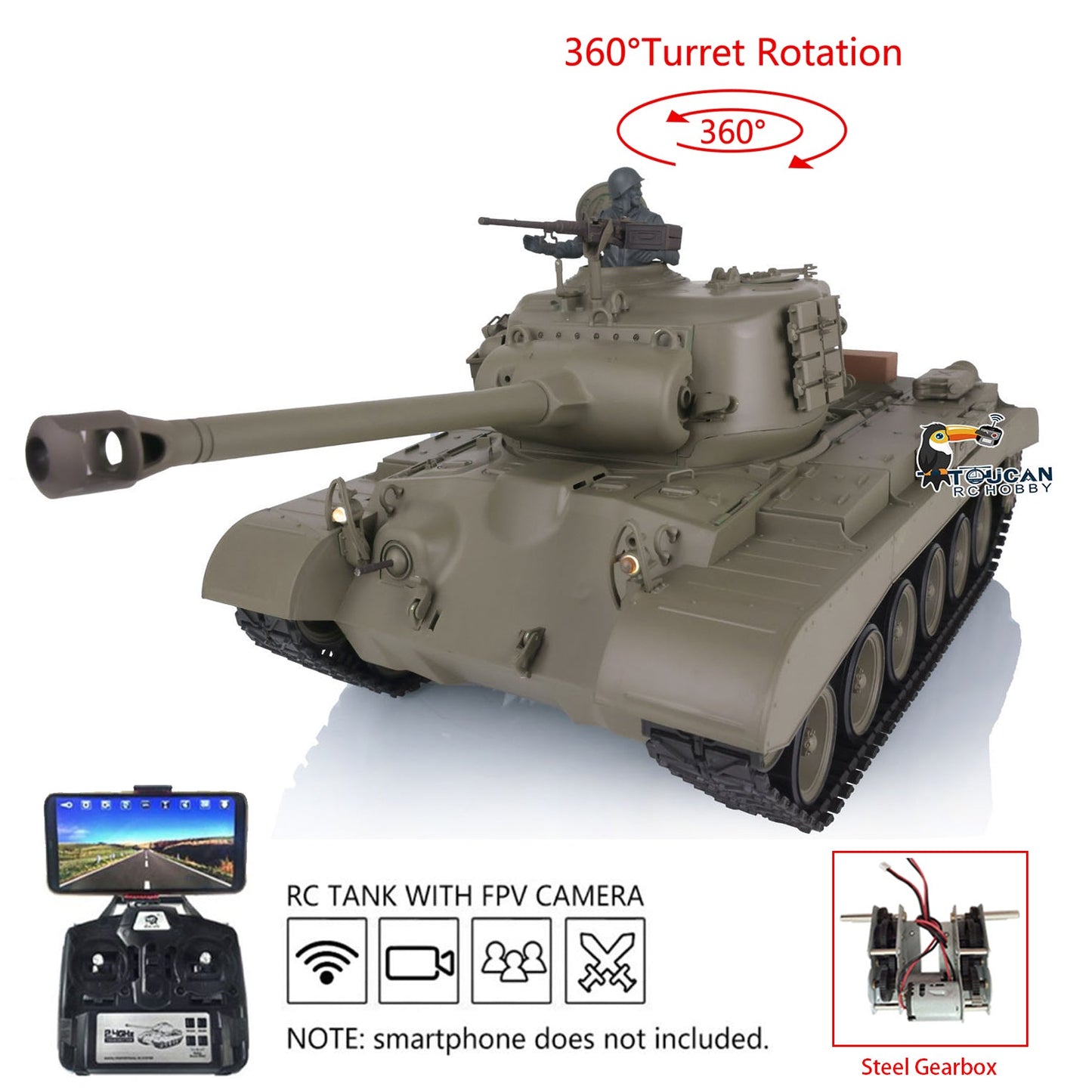 TOUCAN RC HOBBY Henglong 1/16 Plastic TK7.0 3838 M26 RTR RC Tank Steel Gearbox FPV 360 Degrees Turret Infrared System Smoke BB Unit Sounds Lights