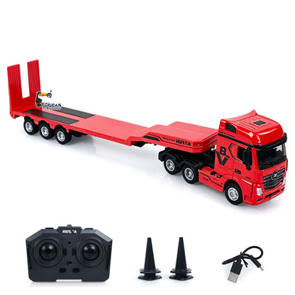 HUINA 9900 1/64 Plastic Remote Control Tractor Truck W/ 3Axle Plastic Semi Flatbed Trailer Lights Sound Effect Manual Support Legs