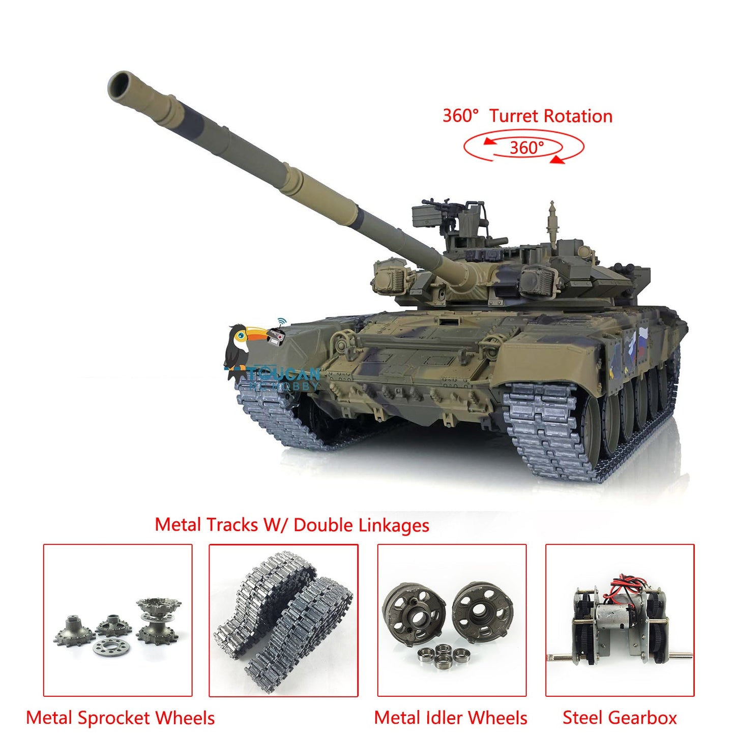 TOUCAN RC HOBBY Henglong 1/16 TK7.0 Promotion Russian T90 3938 RTR RC Tank Model BB IR 360 Degrees Turret Smoke Metal Tracks Gearbox Sprockets Idlers Wheeels