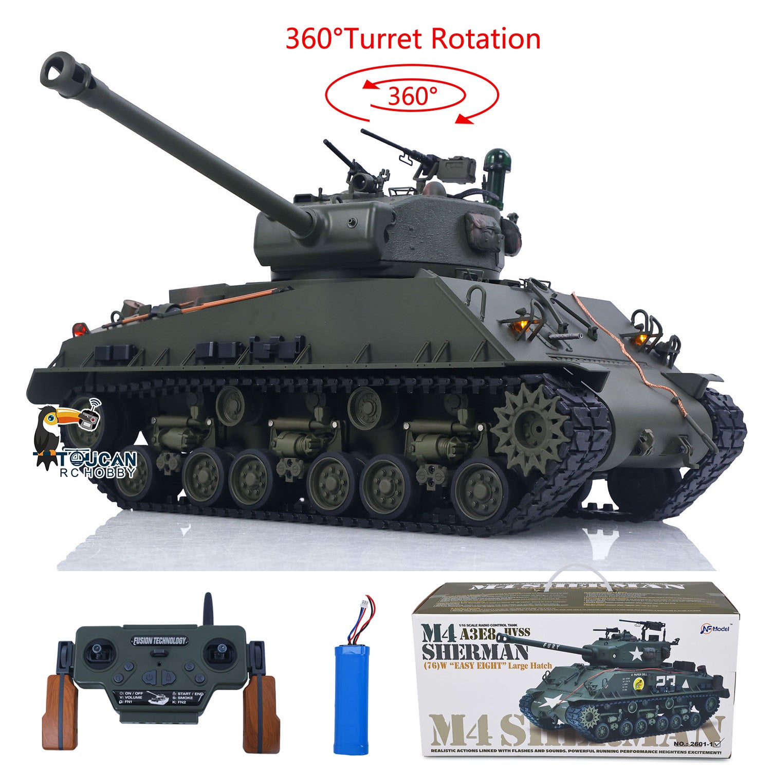 Spring suspension M4A3 combat tank military green body smoke and howitzer setup

