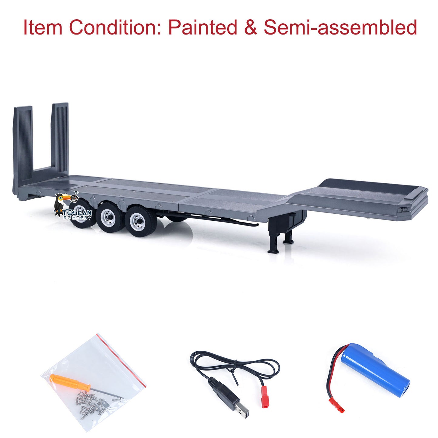 3 Axles Plastic Semi Trailer Flatbed 1502 for 1/18 RC Tractor Truck HUINA 1501 Lorry Car Model Upgrade Parts Electric Tail-Board & Lifting Legs Battery