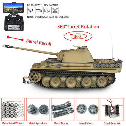 Henglong 1/16 Scale FPV 7.0 Panther G RTR RC Tank 3879 Metal Tracks Wheels Model