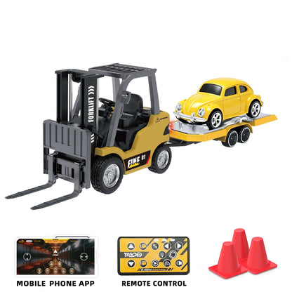 1/64 2.4GHz Remote Control Forklift Half Alloy RC Vehicle Light Sound Effect W/ Mini Trailer Car Tabletop Model Collection