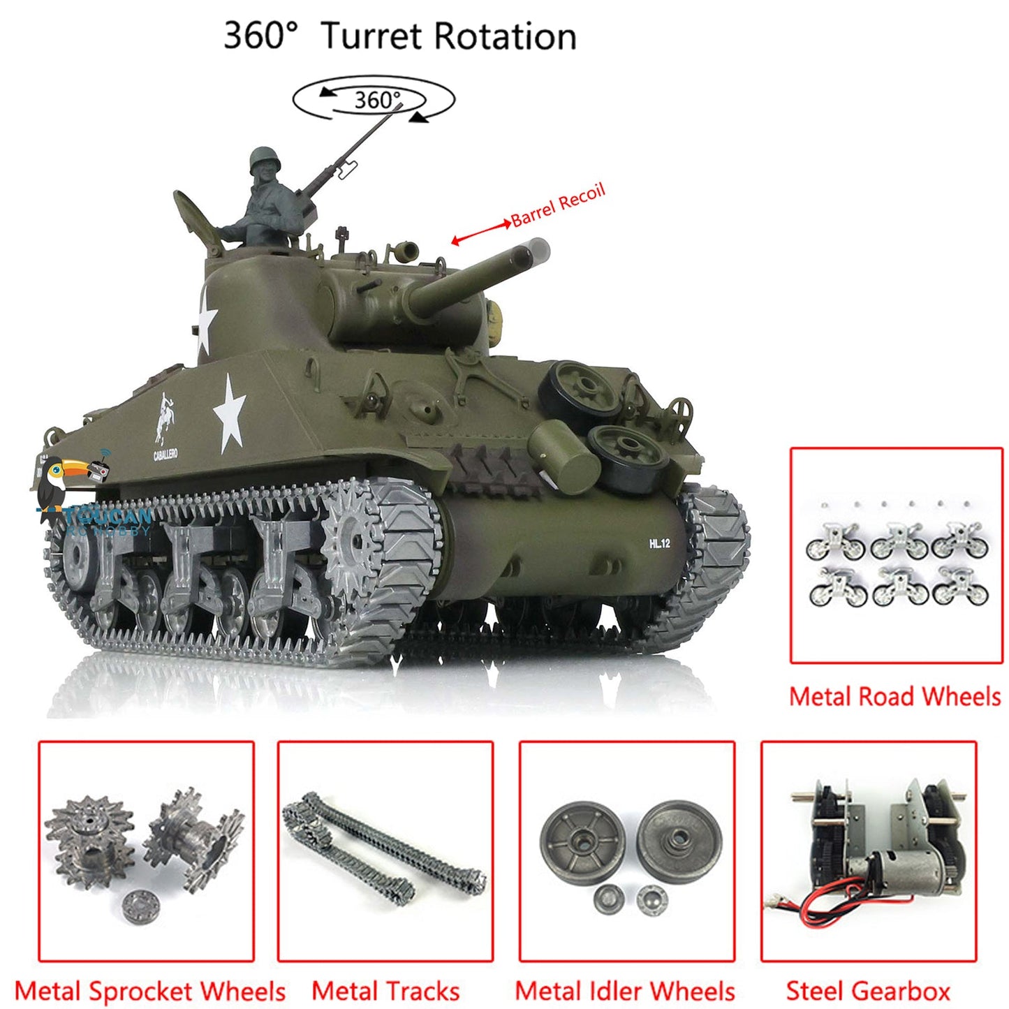 TOUCAN RC HOBBY Henglong 1/16 TK7.0 Customized 3898 USA M4A3 Sherman RTR RC Tank Barrel Recoil 360 Degrees Turret Infrared Combat Smoke BB Metal Tracks Road Idler Drive Wheels