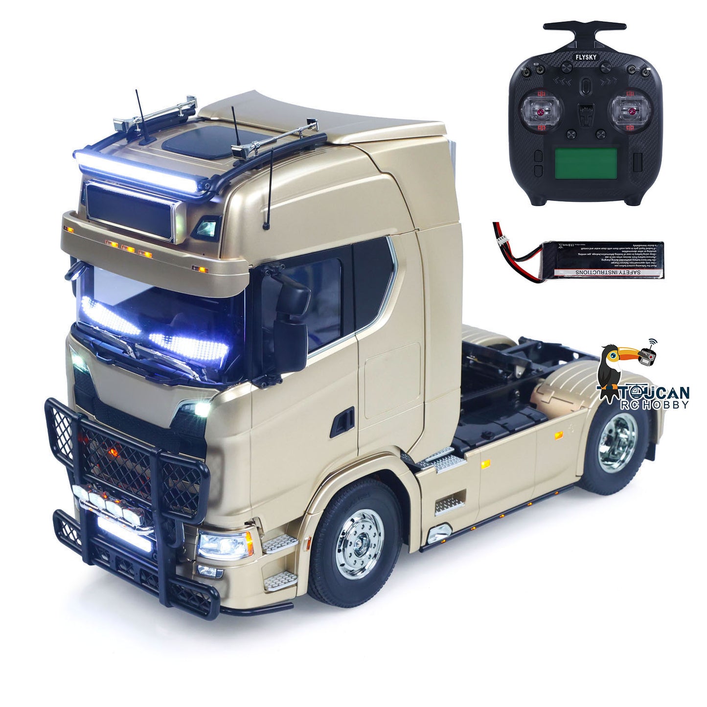 Plastic 1/14 RC Tractor Truck 56379 Remote Control Construction Vehicle Customized by Toucanhobby 4X2 Chassis 3Speed Gearbox Flowing Water Light Smoke Unit ST8 Radio RTR