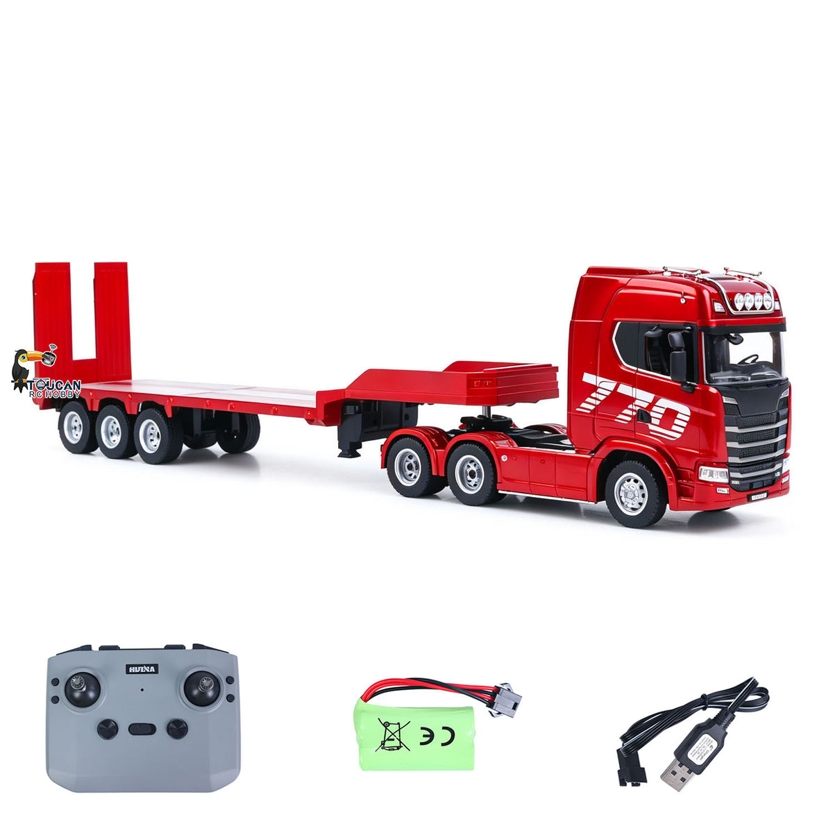 TOUCAN RC HOBBY US Stock HUINA 770S 1/24 Remote Control Tractor Truck W/ Light Sound System Manual Support Legs Tail Board 3Axle Semi Flatbed Trailer