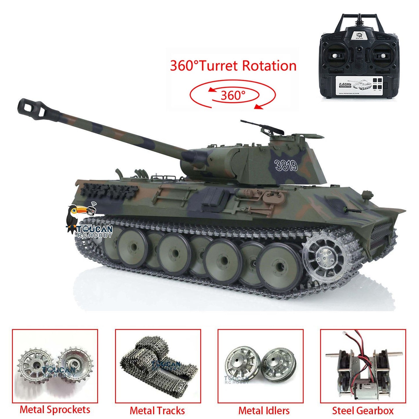 TOUCAN RC HOBBY Henglong 1/16 TK7.0 Promotion 3819 German Panther V RTR RC Tank IR BB 360 Degrees Turret Smoke Metal Tracks Sprockets Idlers Wheels Gearbox