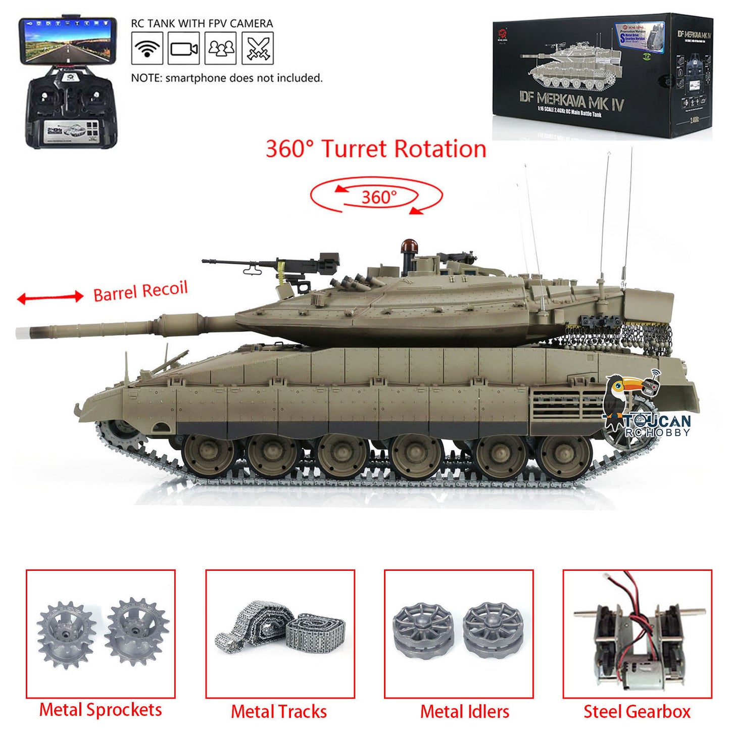 1:16 Heng Long 3958 RC Main Battle Tank IDF Merkava MK IV FPV Upgrade Edition W/ Metal Tracks 360 Rotating Barrel Recoil