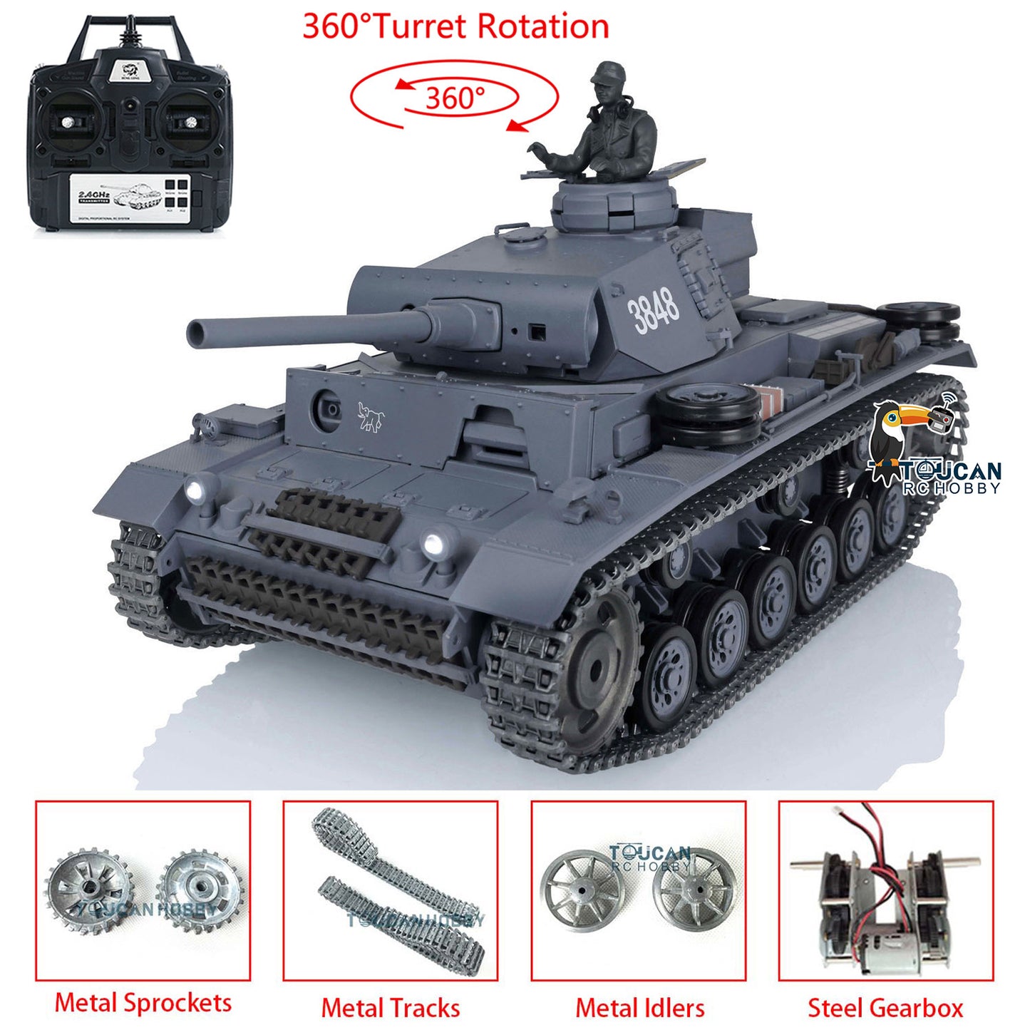 Henglong 1/16 Upgraded German Tank 3848 RC Tank Panzer III L 7.0 w/ 360Degrees Rotating Turret 2 Sounds for Radio Control Tank for
