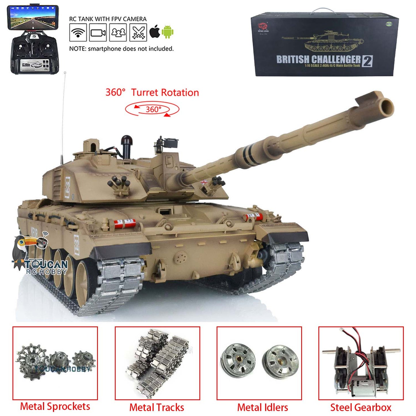 TOUCAN RC HOBBY Henglong 1/16 TK7.0 Promotion British Challenger II 3908 RTR RC Tank 360 Degrees Turret BB IR Smoke Sound Light Metal Sprockets Idlers Wheels