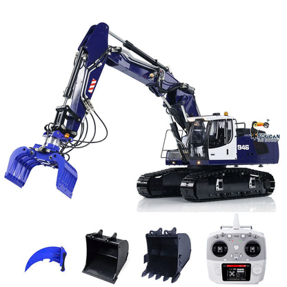 MTM 946-3 Metal 1/14 Excavator Full Hydraulic Construction Machine with 6CH Reversing Valve and Digital Pressure Gauge featuring 3-Piece Arm and Hydraulic Clamshell Attachment