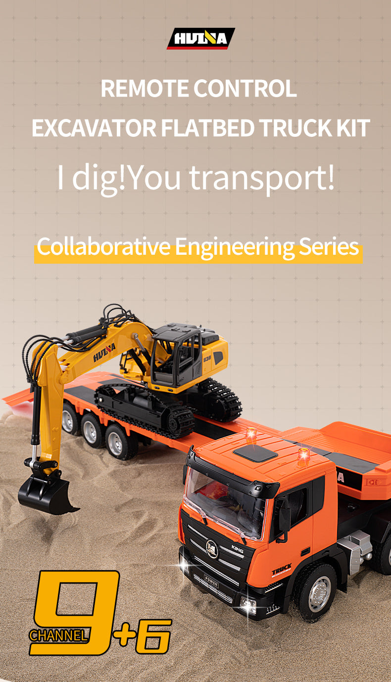 1:18 Huina 2.4G 1319 RC Tractor Truck RTR Remote Controlled Excavator with Flatbed Trailer Assembled and Painted