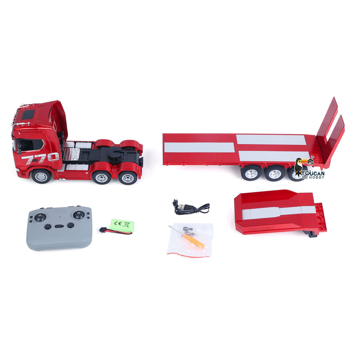 TOUCAN RC HOBBY US Stock HUINA 770S 1/24 Remote Control Tractor Truck W/ Light Sound System Manual Support Legs Tail Board 3Axle Semi Flatbed Trailer