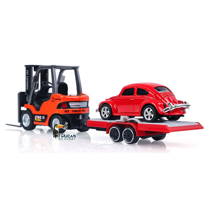1/64 2.4GHz Remote Control Forklift Half Alloy RC Vehicle Light Sound Effect W/ Mini Trailer Car Tabletop Model Collection