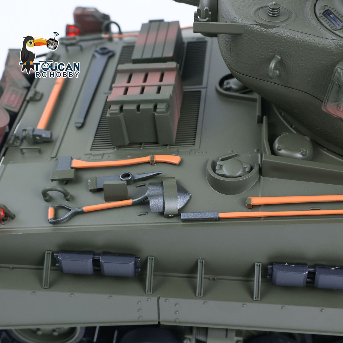 TOUCAN RC HOBBY HHRC Sherman M4A3 1/16 RC Tank Upgraded Side Skirts Infrared System Barrel Elevation Smoke Unit Metal Chassis Gearbox 360 Degrees Turret