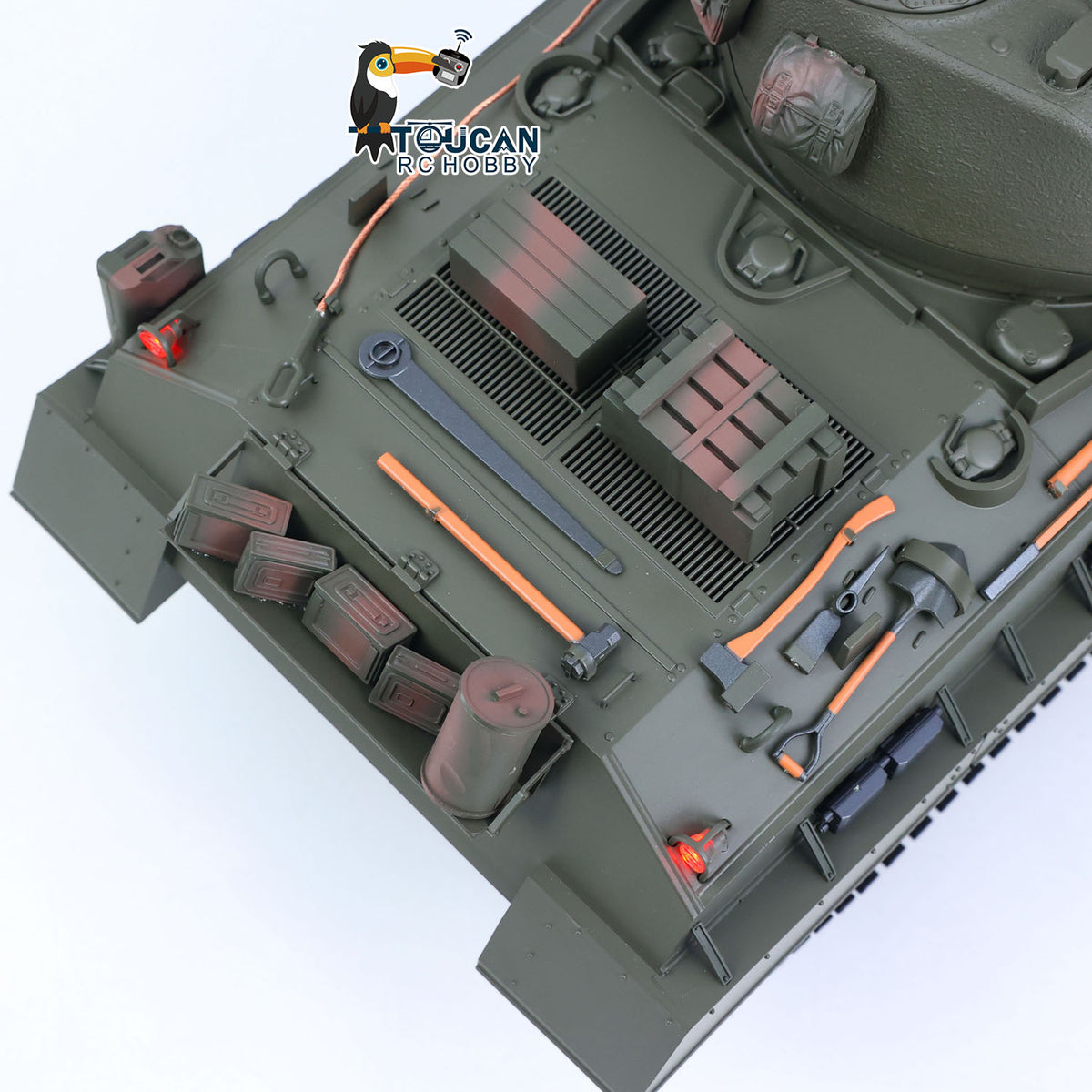 TOUCAN RC HOBBY HHRC Sherman M4A3 1/16 RC Tank Upgraded Side Skirts Infrared System Barrel Elevation Smoke Unit Metal Chassis Gearbox 360 Degrees Turret