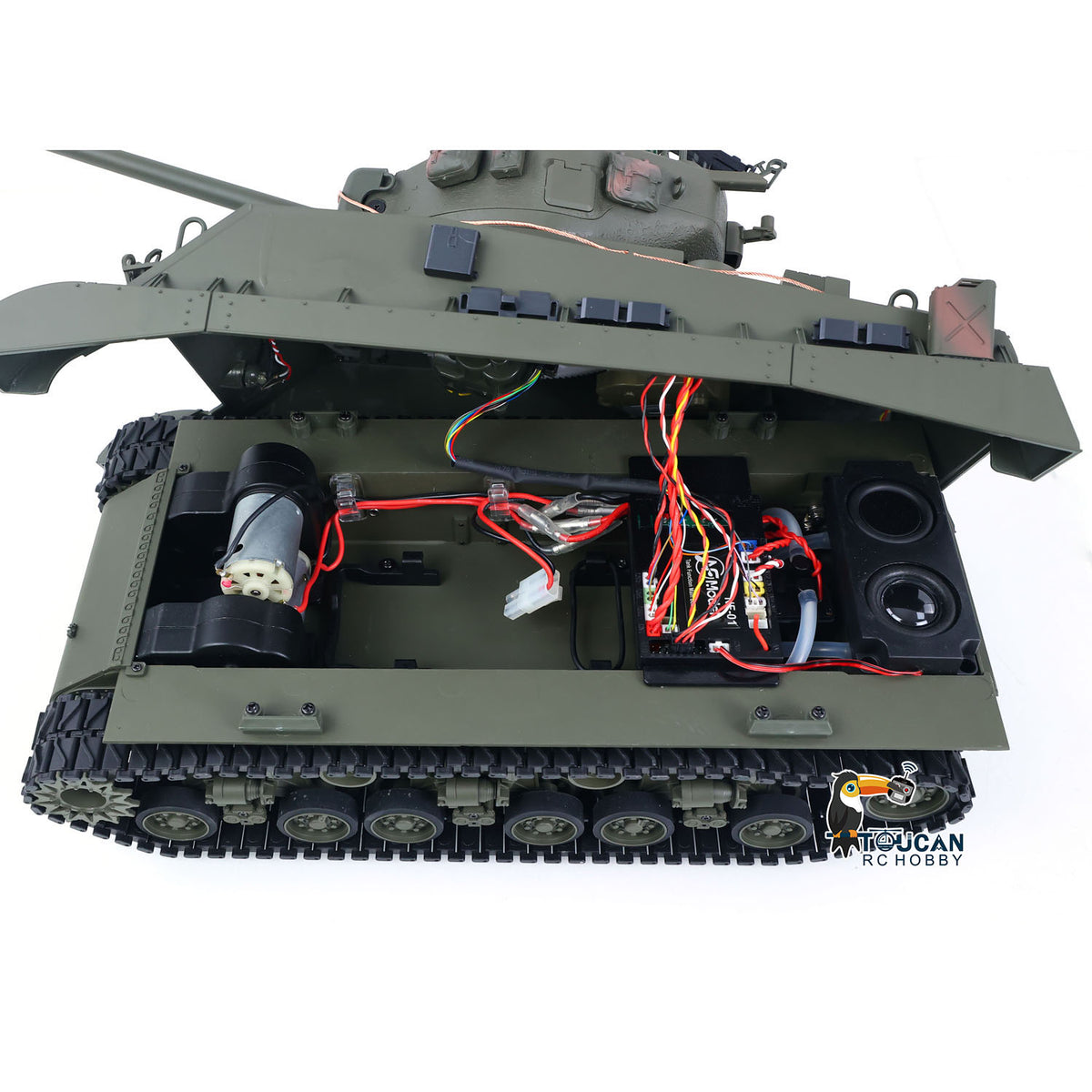 TOUCAN RC HOBBY HHRC Sherman M4A3 1/16 RC Tank Upgraded Side Skirts Infrared System Barrel Elevation Smoke Unit Metal Chassis Gearbox 360 Degrees Turret
