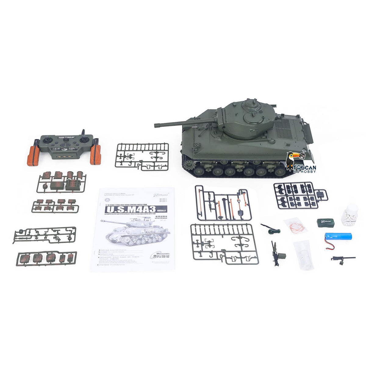 TOUCAN RC HOBBY US Stock RTR 1/16 RC Tank Sherman M4A3E8 IR BB Barrel Elevation Smoking Metal Chassis Tracks Road Wheels Machine Gun 360 Degree Rotation